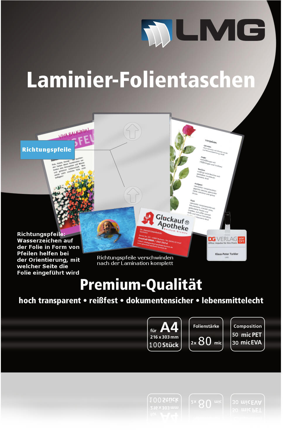 Laminierfolien A4, 216 x 303 mm, 80 micron, mit Pfeilen | Bestnr. LMGA4-80-PF