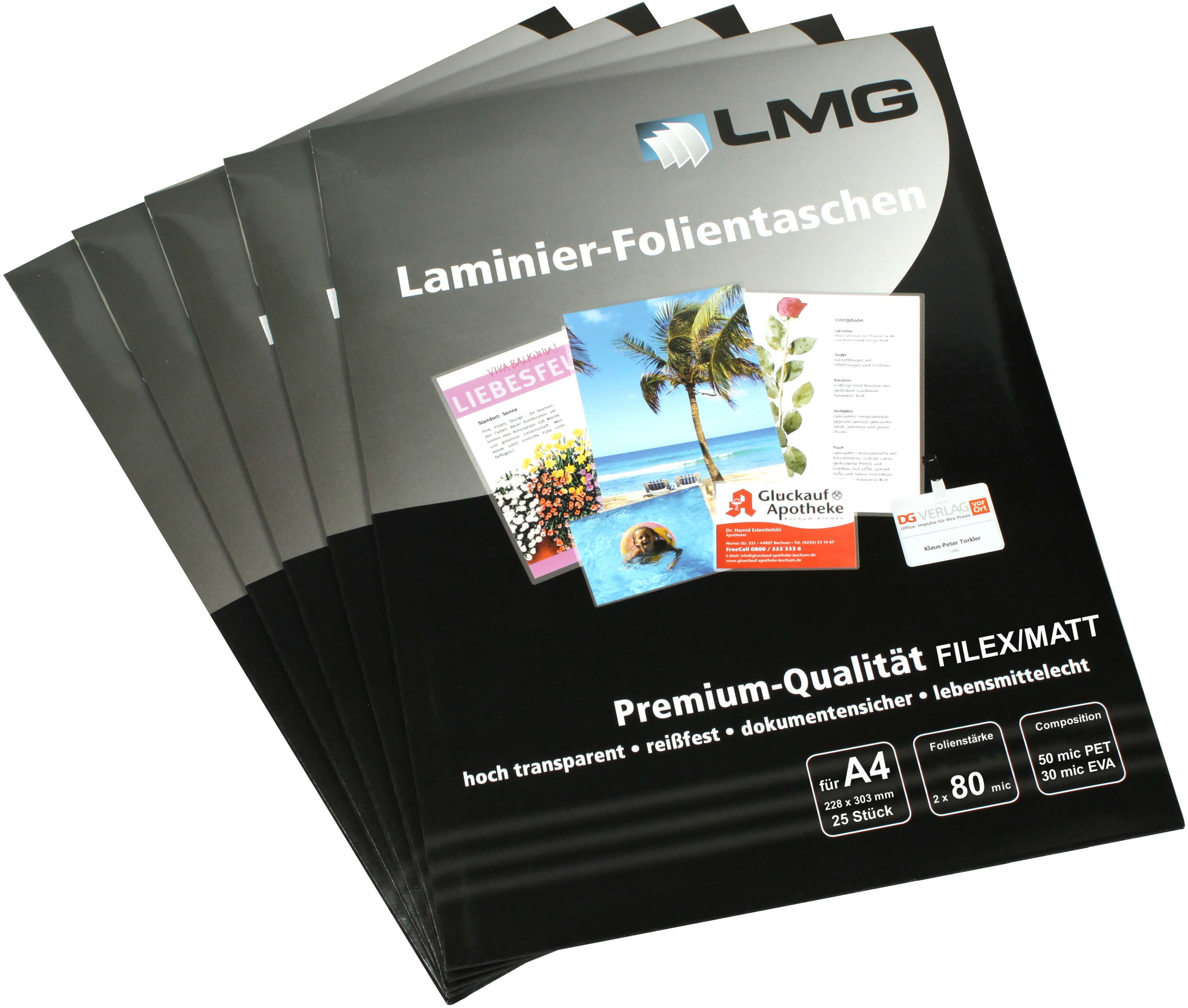 Laminierfolien A4 (228 x 303 mm), 2 x 80 mic zum Abheften | Bestnr. LMGA4-80LM-25